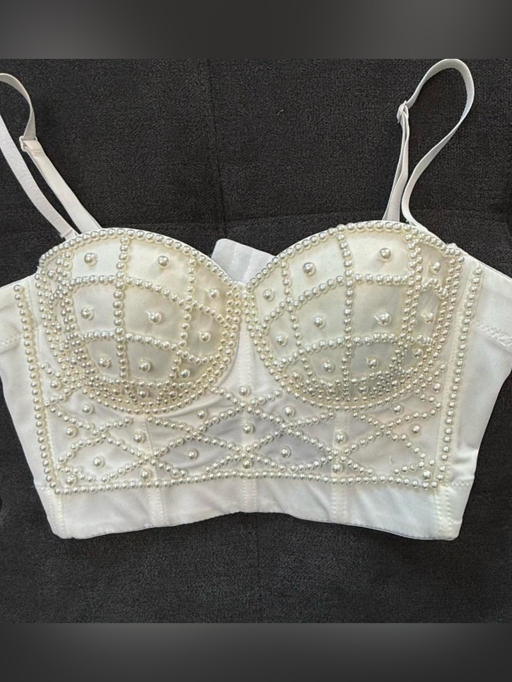 Pearl-Embellished White Bustier Crop Top